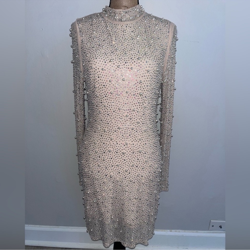 Sparkling Nude Illusion Rhinestone & Pearl Embellished Long Sleeve Dress Large